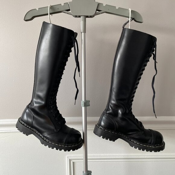 Gripfast Shoes - Y2K Gripfast England Black Leather 20 Eye Lace-up Vintage Knee High Boots